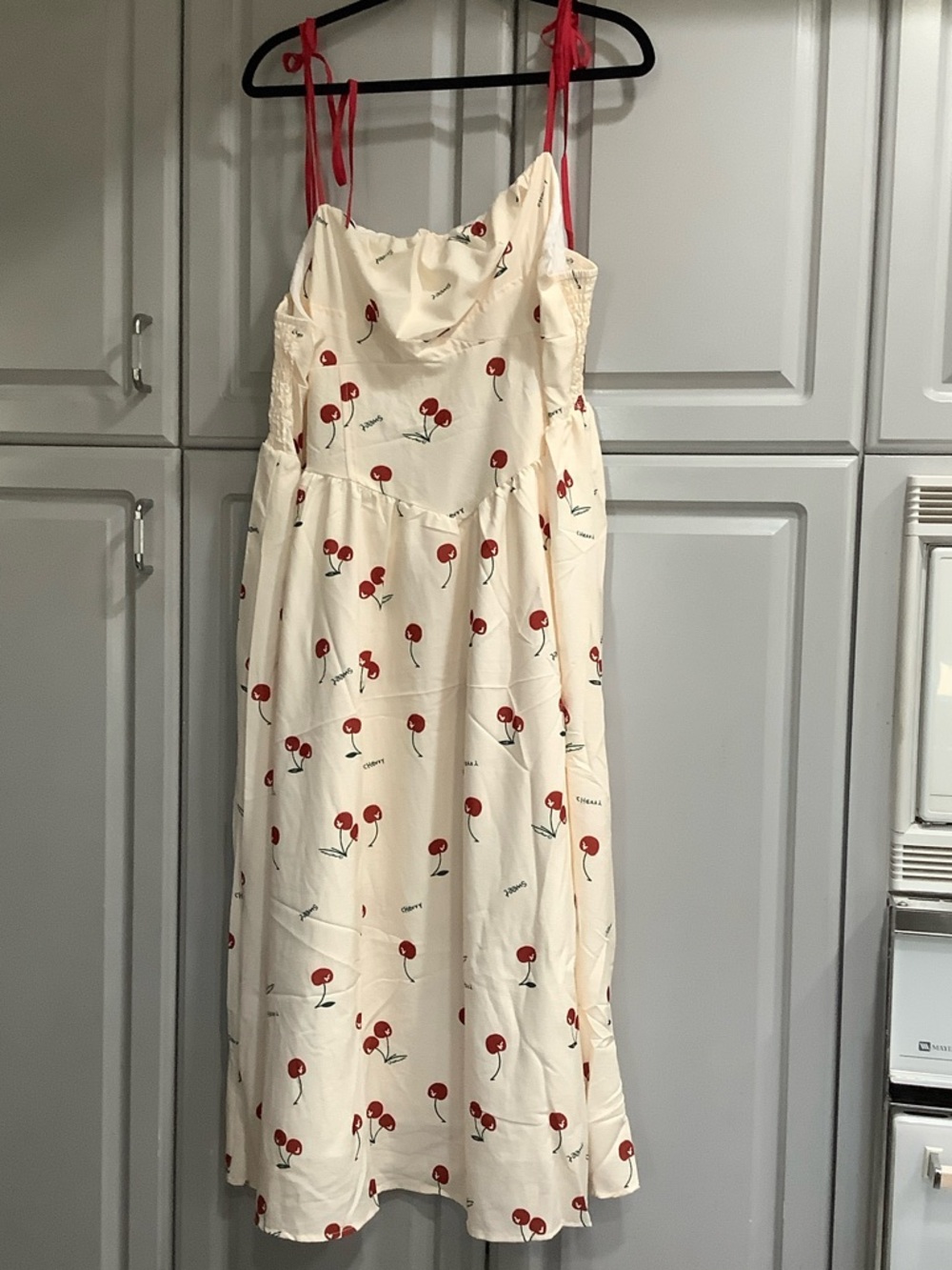 Cherry Print Spaghetti Strap Cream Midi Dress, words “sweet” & “cherry” printed